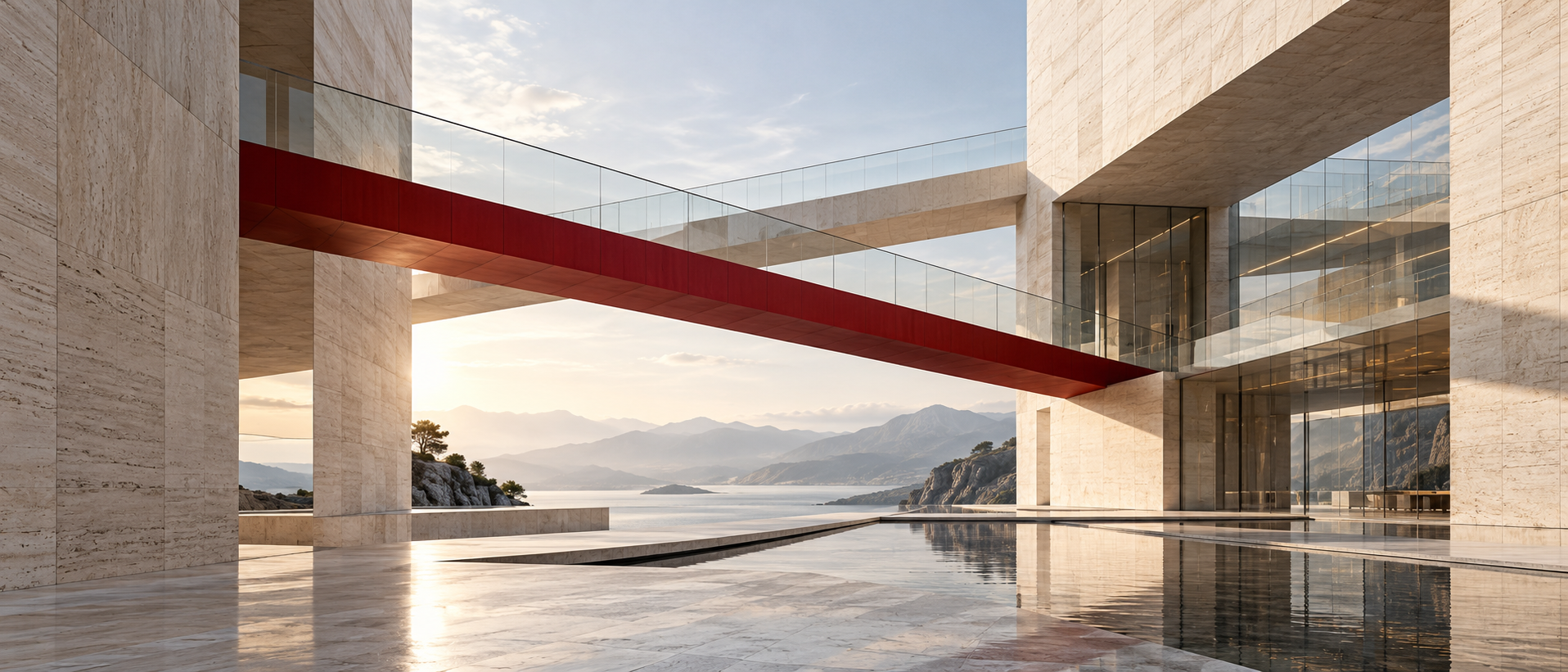 Passerelle rouge reliant deux structures de pierre et de verre, illustration de la connexion entre métiers et technologie